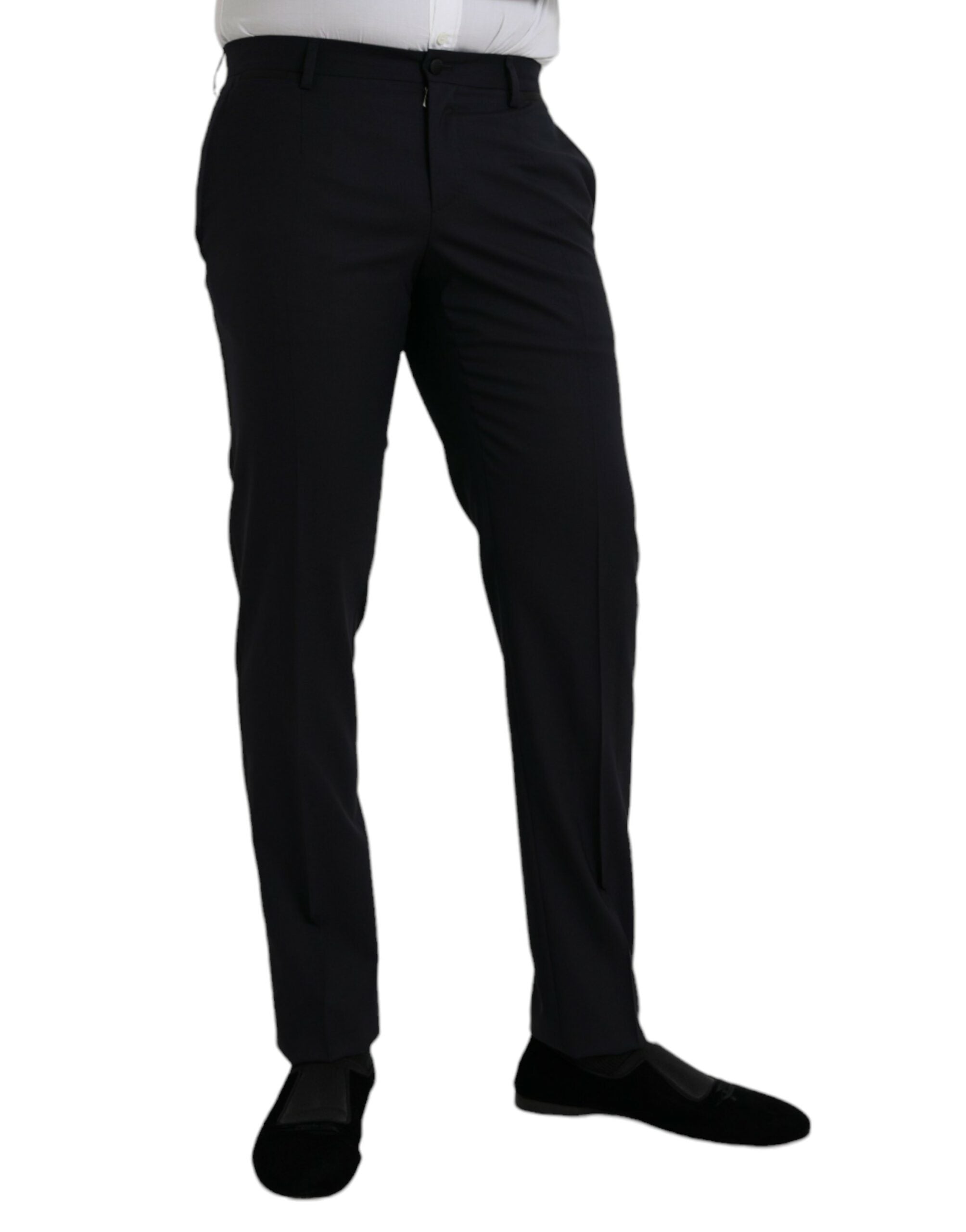 Pantalon formel en laine bleu foncé de coupe slim de Dolce & Gabbana, vue de face, détails élégants et finition soignée.