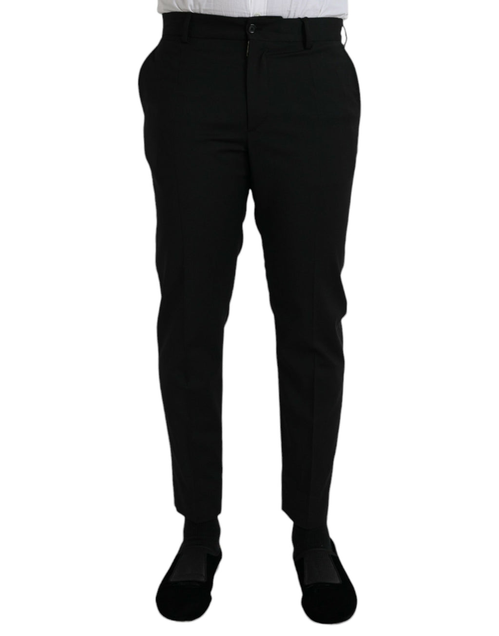 Pantalon formel en laine noire Dolce & Gabbana SlimFit, pantalon élégant pour homme, détail de la coupe ajustée.