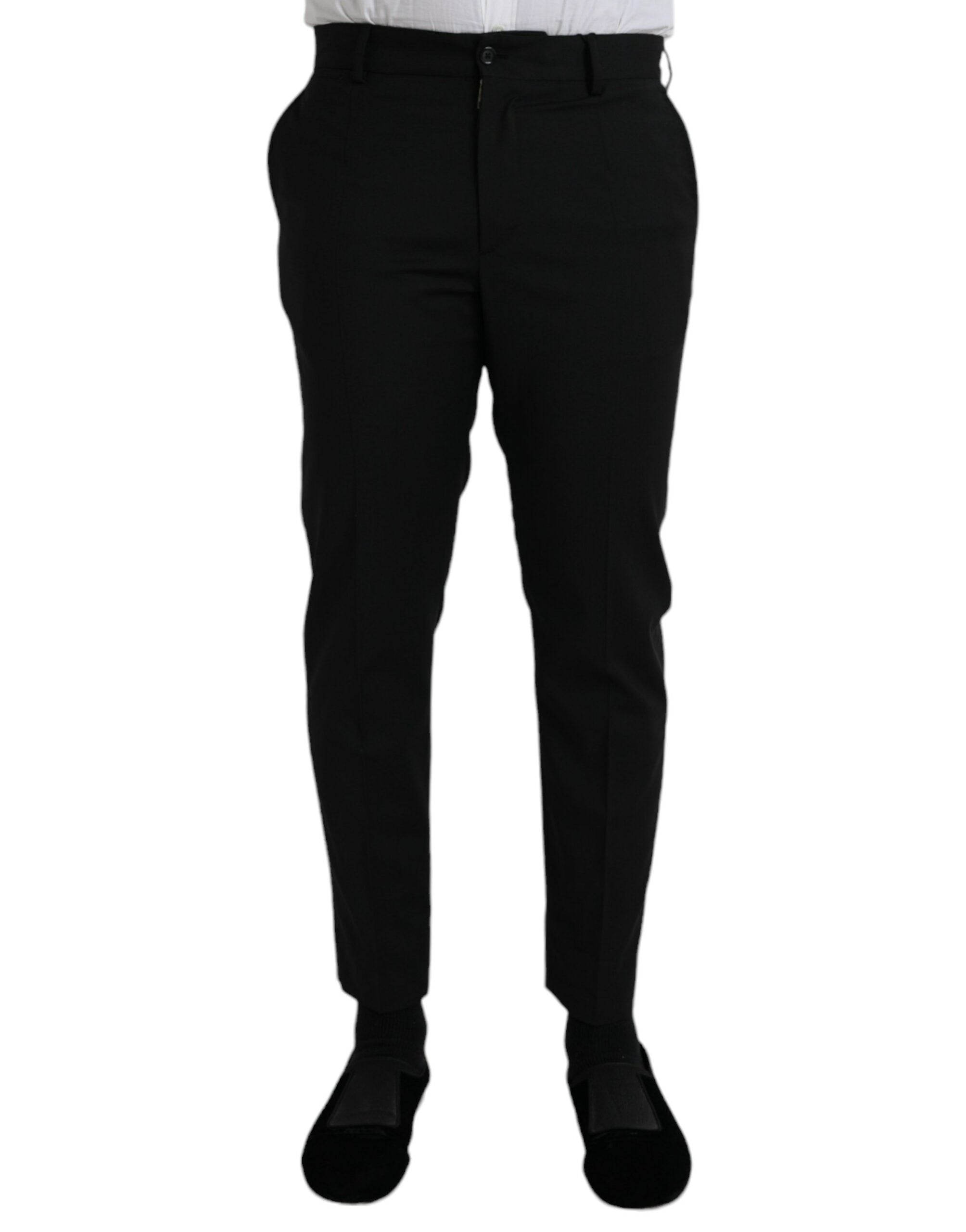 Pantalon formel en laine noire Dolce & Gabbana SlimFit, pantalon élégant pour homme, détail de la coupe ajustée.