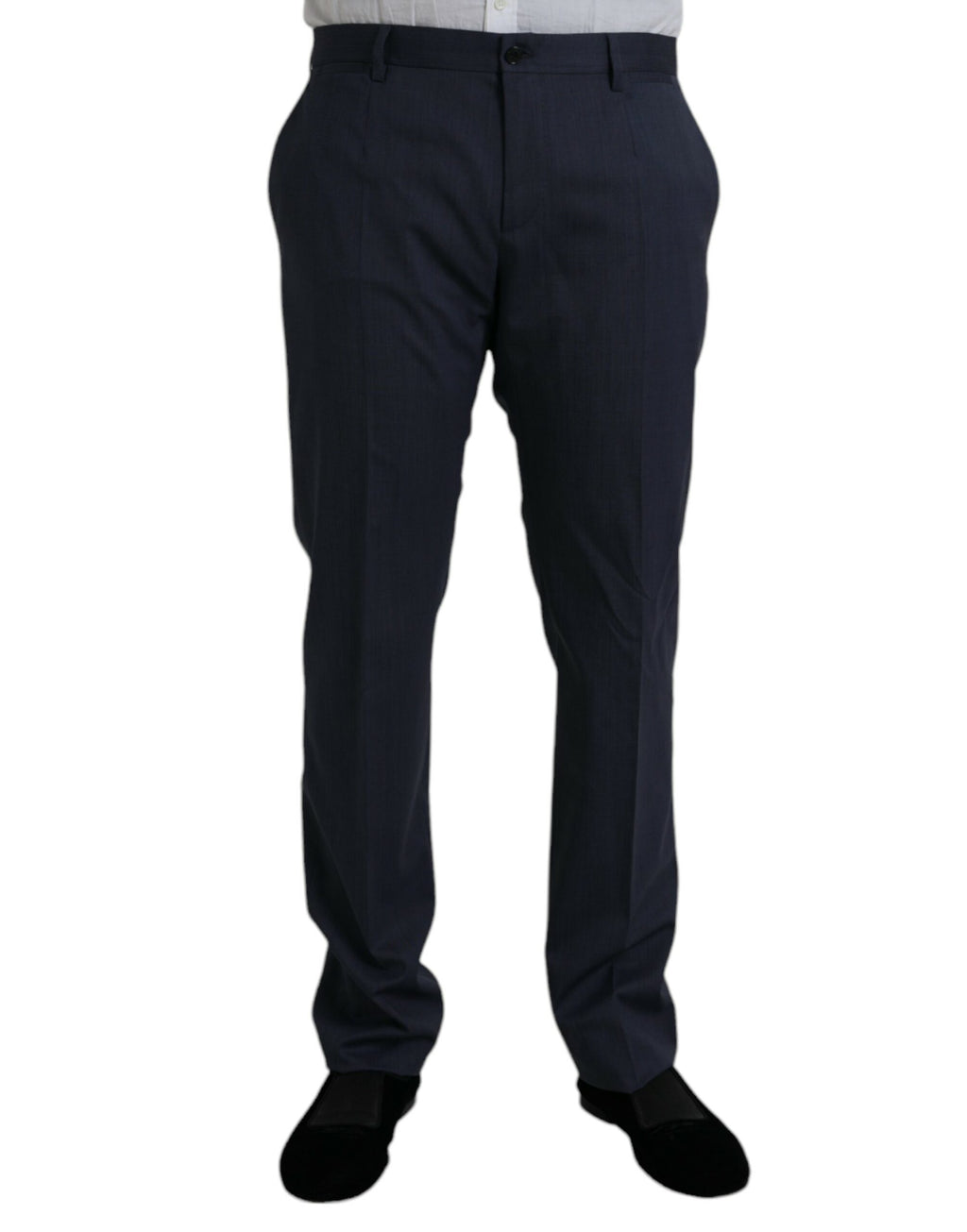 Pantalon formel en laine bleue Dolce & Gabbana, coupe slim, pour homme, détails élégants et finition soignée.