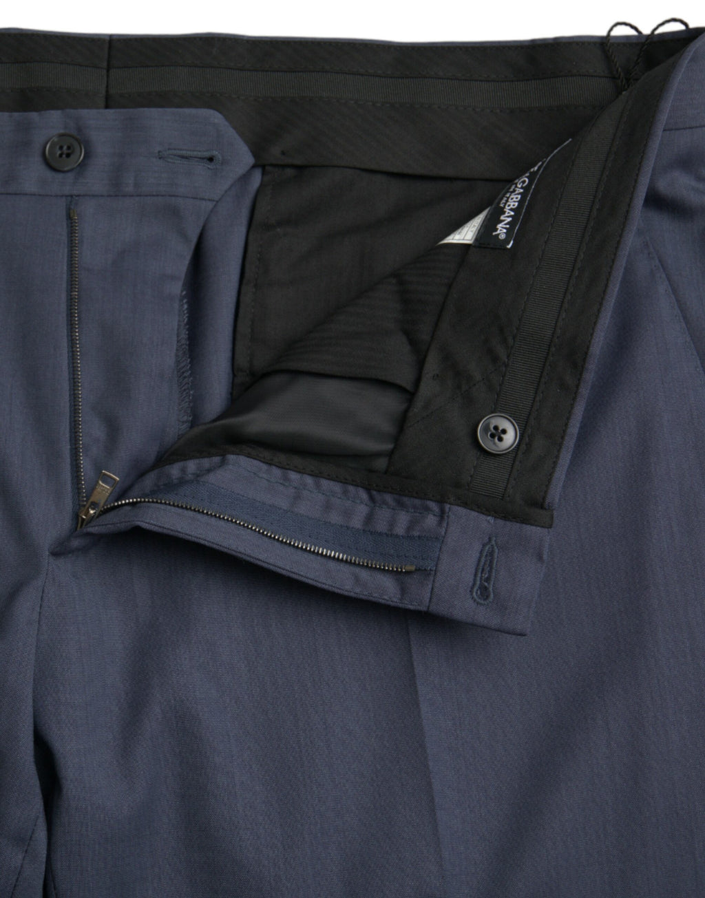 Pantalon formel en laine bleue Dolce & Gabbana, coupe slim, vue de face sur un mannequin.