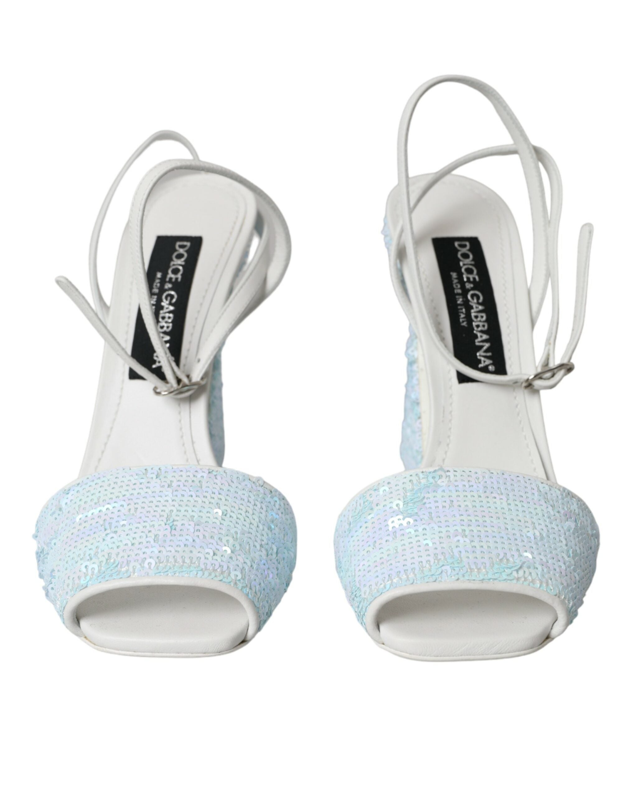 Sandales à talons Dolce & Gabbana Light Blue avec sequins et bride à la cheville, chaussures élégantes pour femmes.