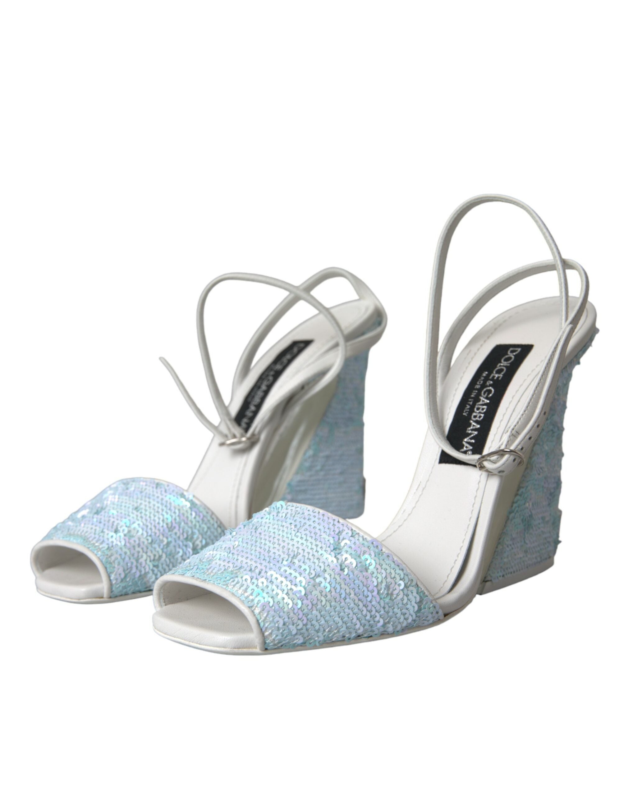 Sandales à talons Dolce & Gabbana Light Blue avec sequins et bride à la cheville, élégantes chaussures de mode.