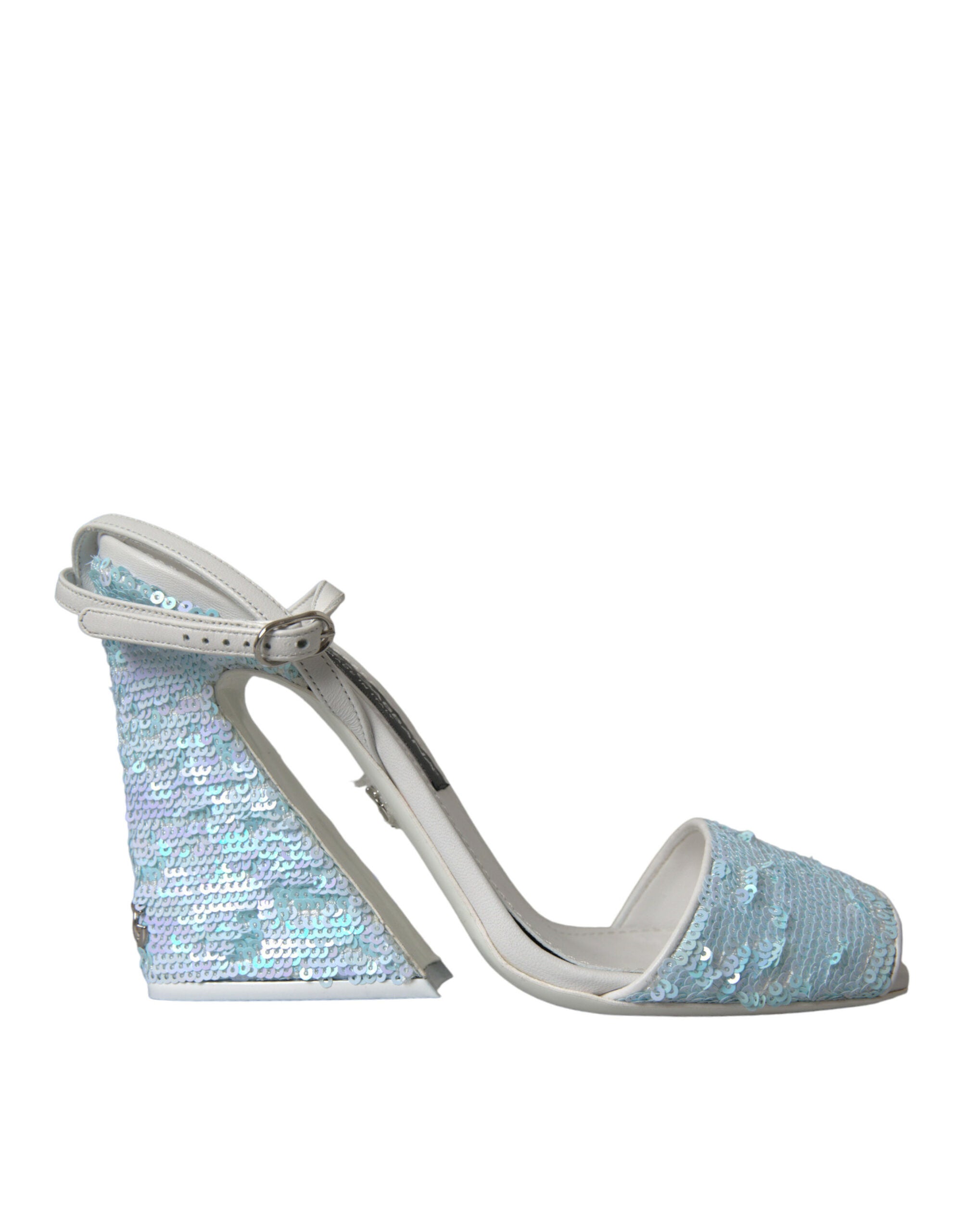 Sandales à talons dorés Dolce & Gabbana Light Blue avec brides à sequins et semelle à la cheville, vue de face.