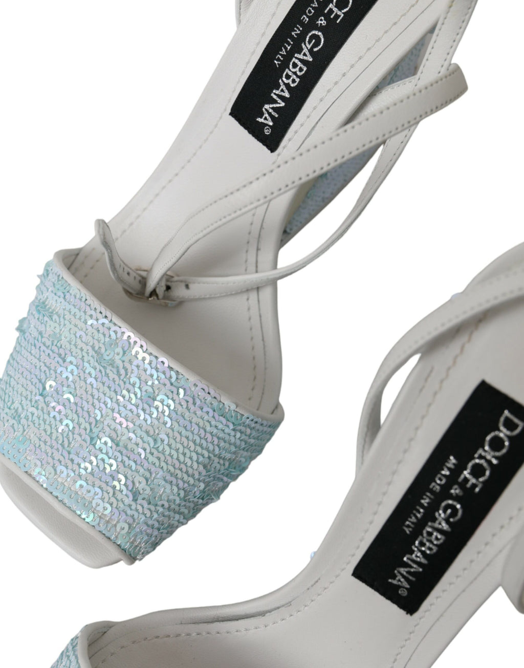 Sandales à talons Dolce & Gabbana Light Blue avec sequins et bride à la cheville, élégantes et brillantes.