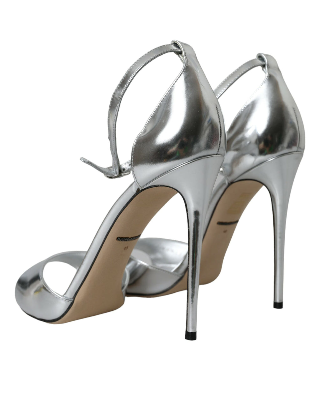 Sandales à talons en cuir argenté Dolce & Gabbana KEIRA, chaussures élégantes avec talons hauts, vue de face.