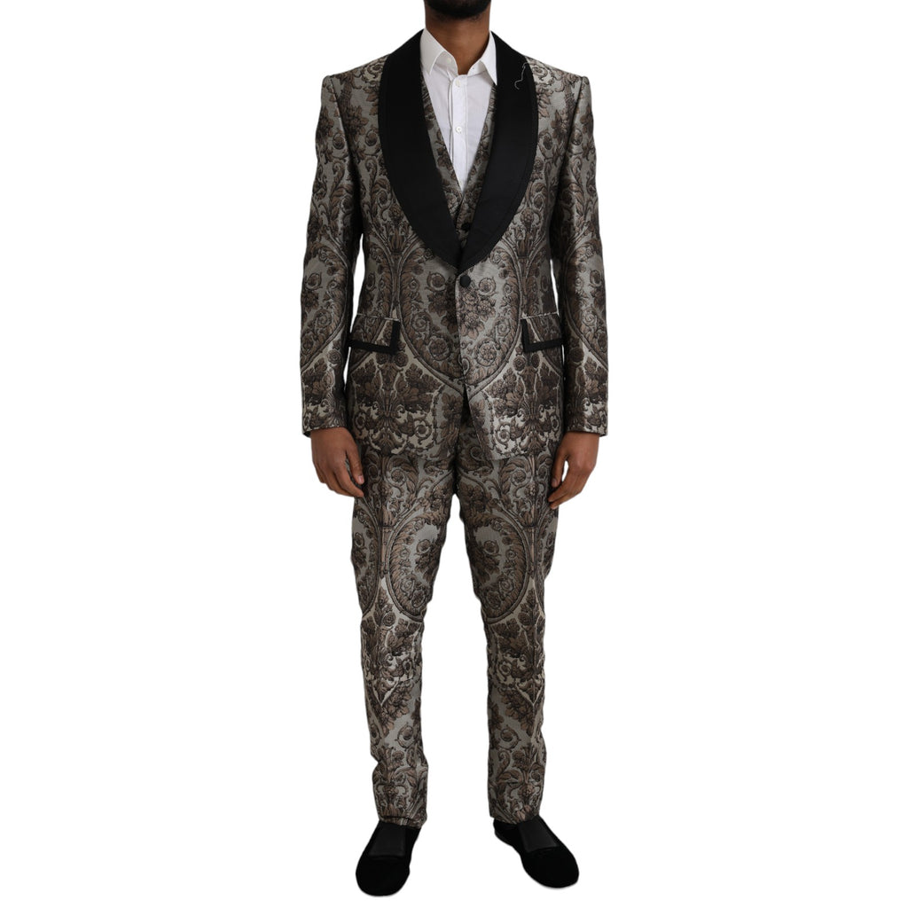 Costume trois pièces Dolce & Gabbana en jacquard floral marron, élégant et formel, avec veste, pantalon et gilet assortis.