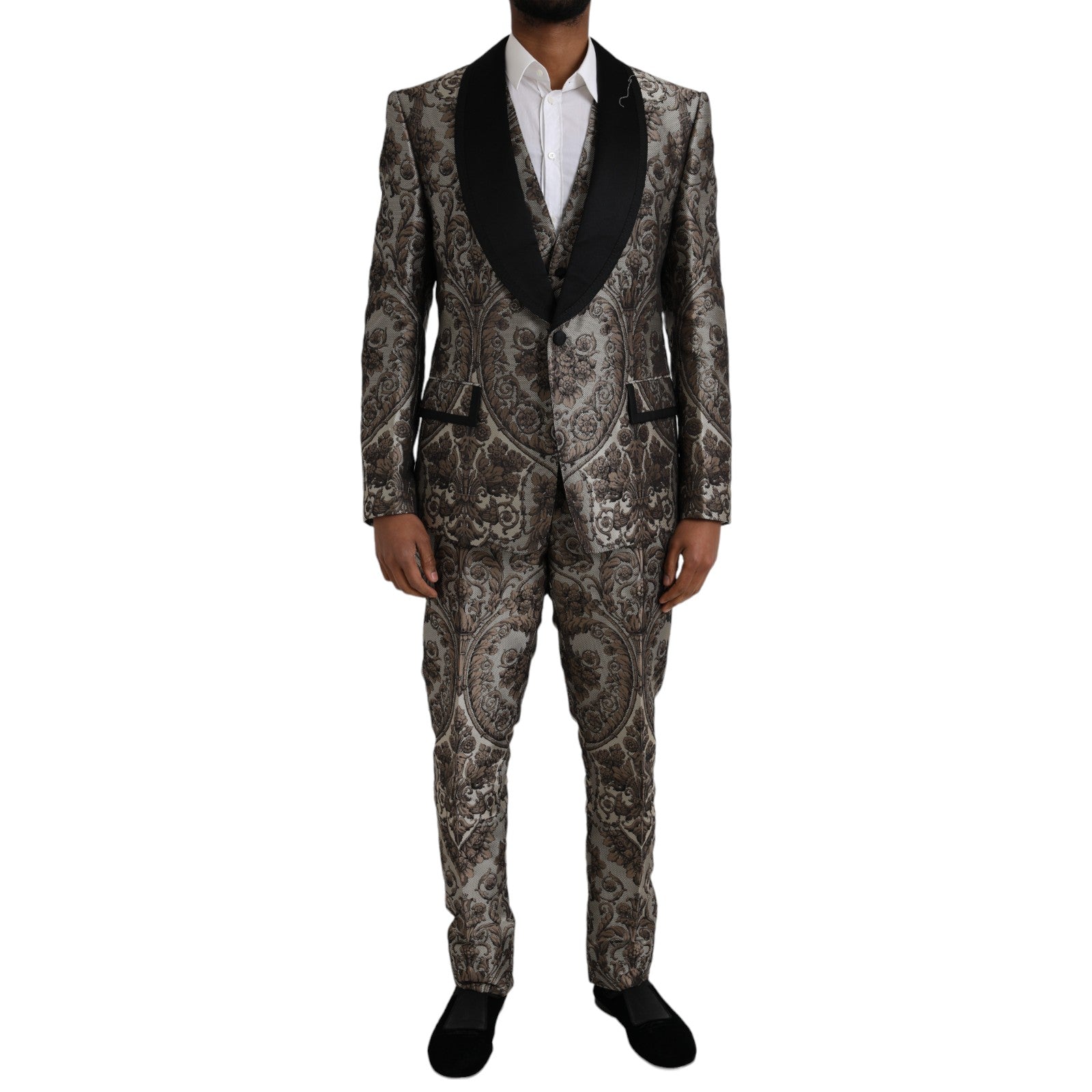 Costume trois pièces Dolce & Gabbana en jacquard floral marron, élégant et formel, avec veste, pantalon et gilet assortis.
