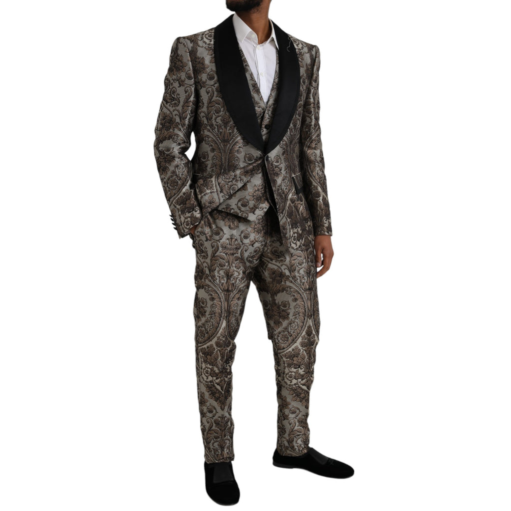 Costume trois pièces formel en jacquard floral marron de Dolce & Gabbana, avec veste, pantalon et gilet assortis.