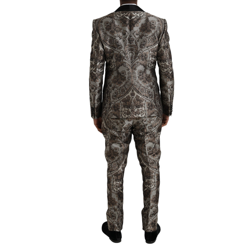 Costume formel 3 pièces Dolce & Gabbana en jacquard floral marron, élégant et sophistiqué.