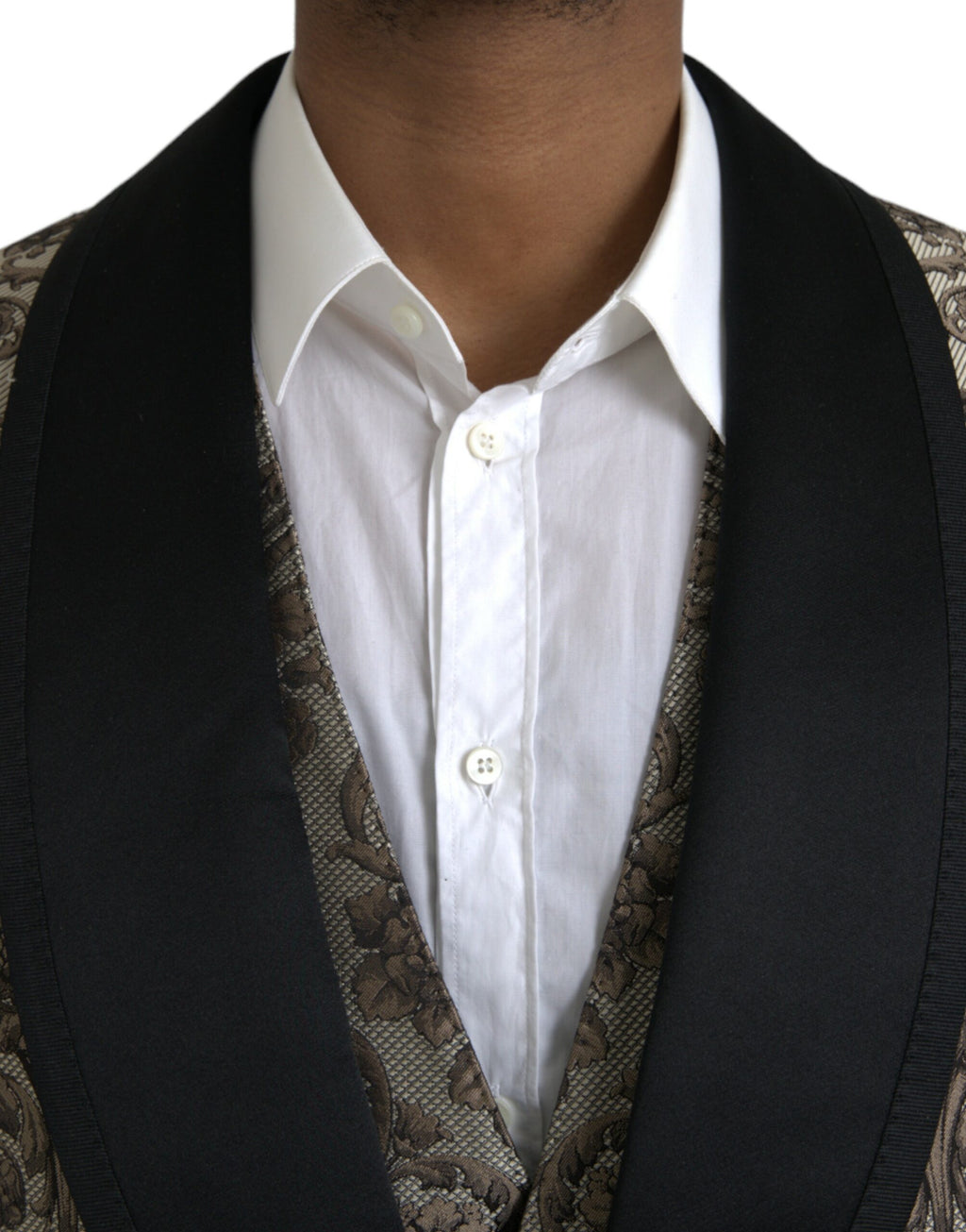 Costume trois pièces formel Dolce & Gabbana en jacquard floral brun, comprenant veste, pantalon et gilet élégants.