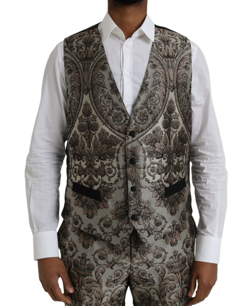 Costume formel trois pièces Dolce & Gabbana en jacquard floral marron, costume élégant pour occasions spéciales.