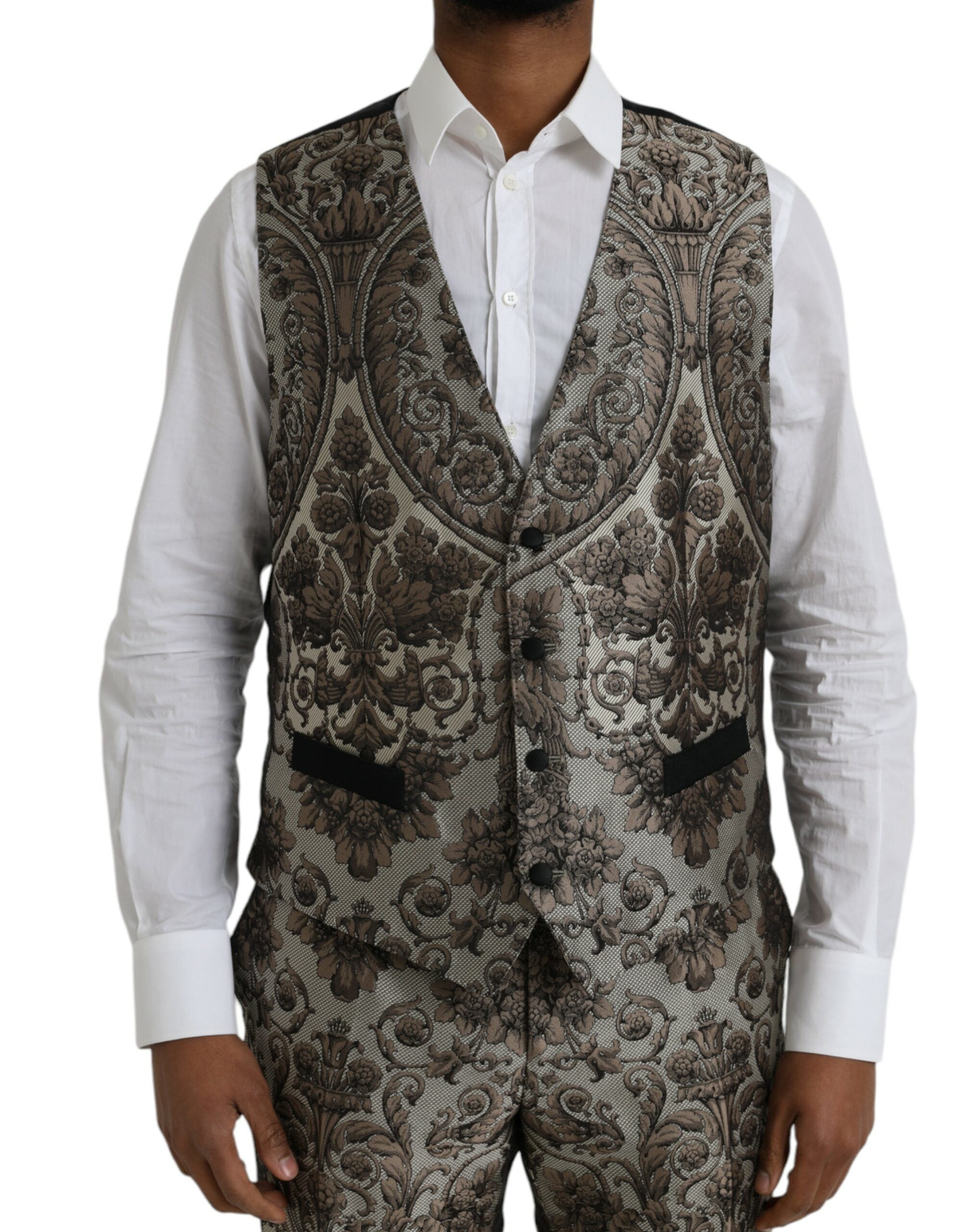 Costume formel trois pièces Dolce & Gabbana en jacquard floral marron, costume élégant pour occasions spéciales.