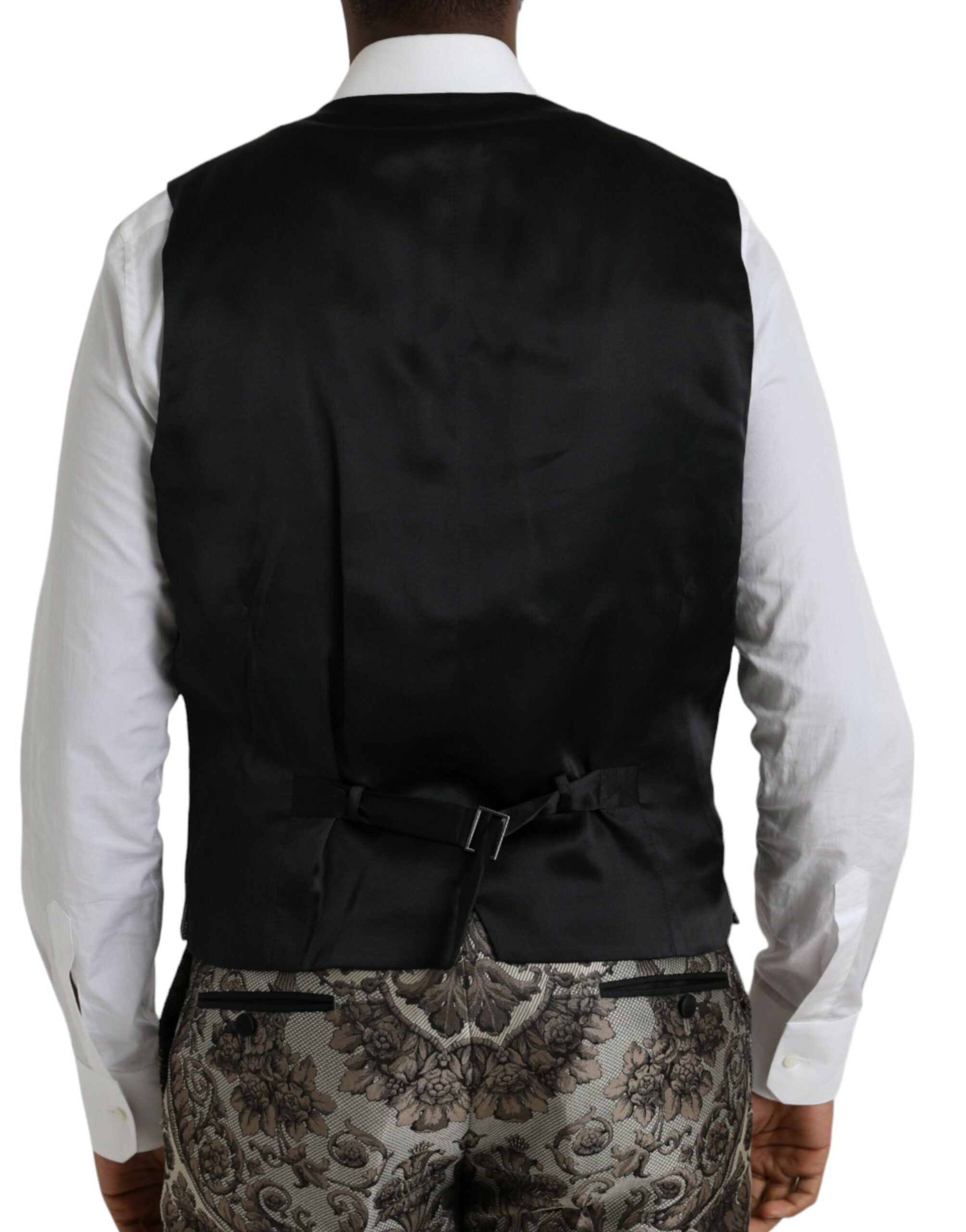 Costume trois pièces Dolce & Gabbana en jacquard floral marron, costume formel élégant avec veste, pantalon et gilet.