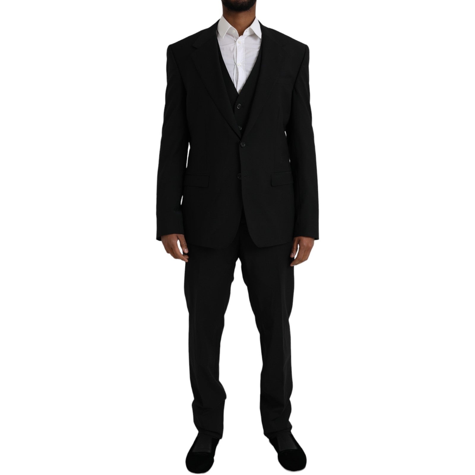 Costume trois pièces noir en polyester Dolce & Gabbana pour homme, veste, pantalon et gilet, style formel élégant.