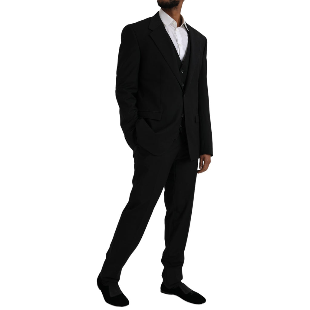 Costume trois pièces en polyester noir Dolce & Gabbana STAFF, veste, pantalon et gilet élégants pour occasion formelle.
