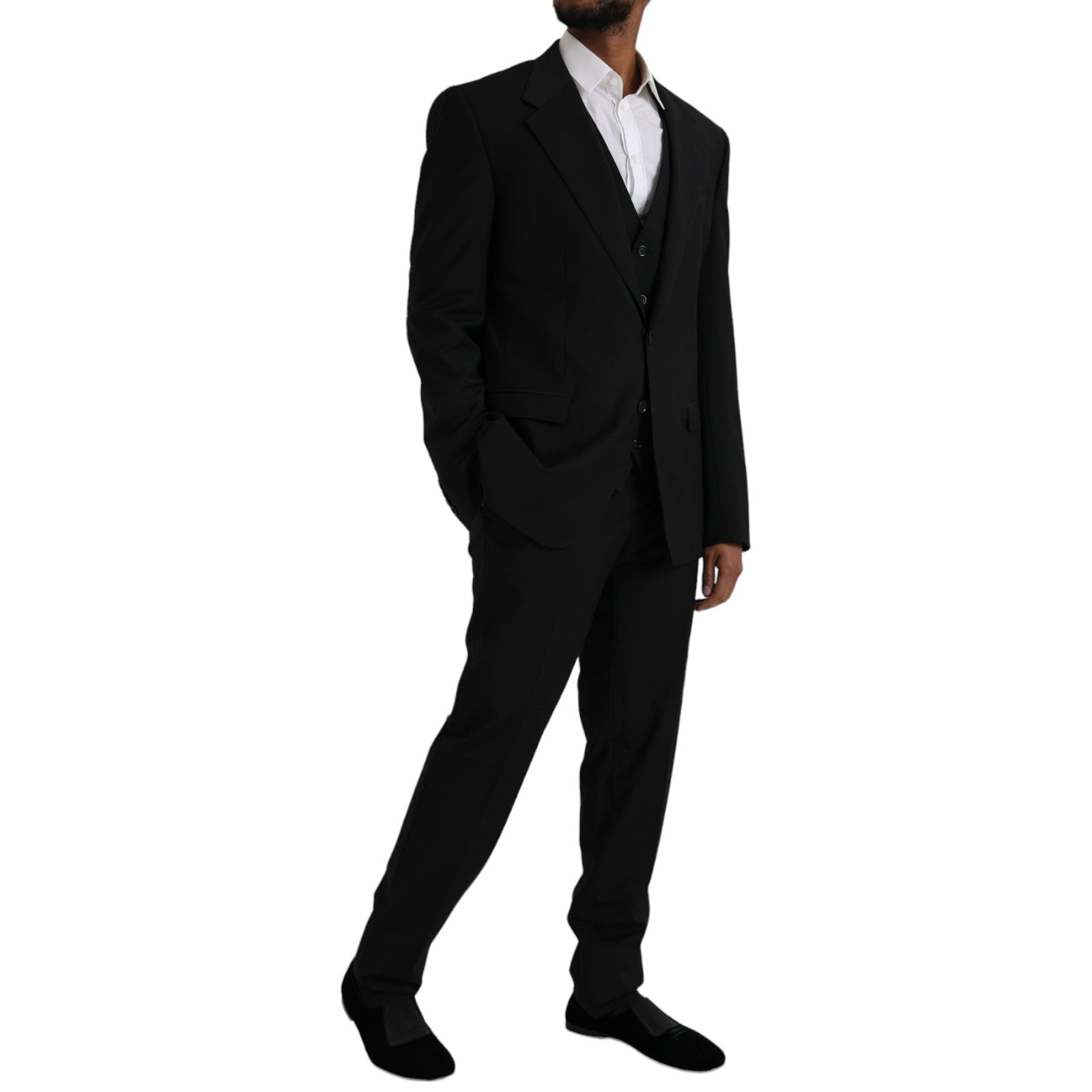 Costume trois pièces en polyester noir Dolce & Gabbana STAFF, veste, pantalon et gilet élégants pour occasion formelle.