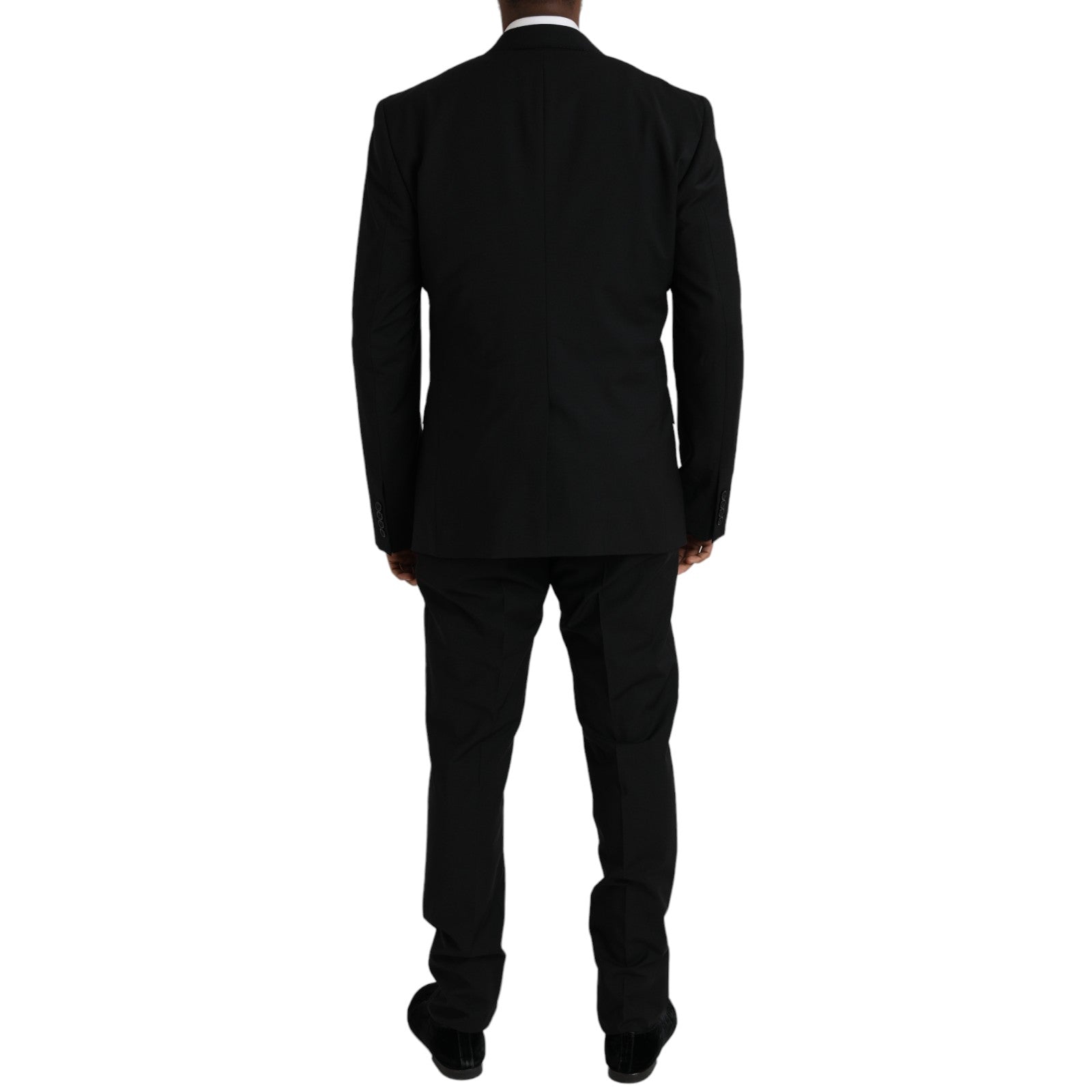 Costume formel trois pièces en polyester noir de Dolce & Gabbana, comprenant veste, pantalon et gilet élégant.