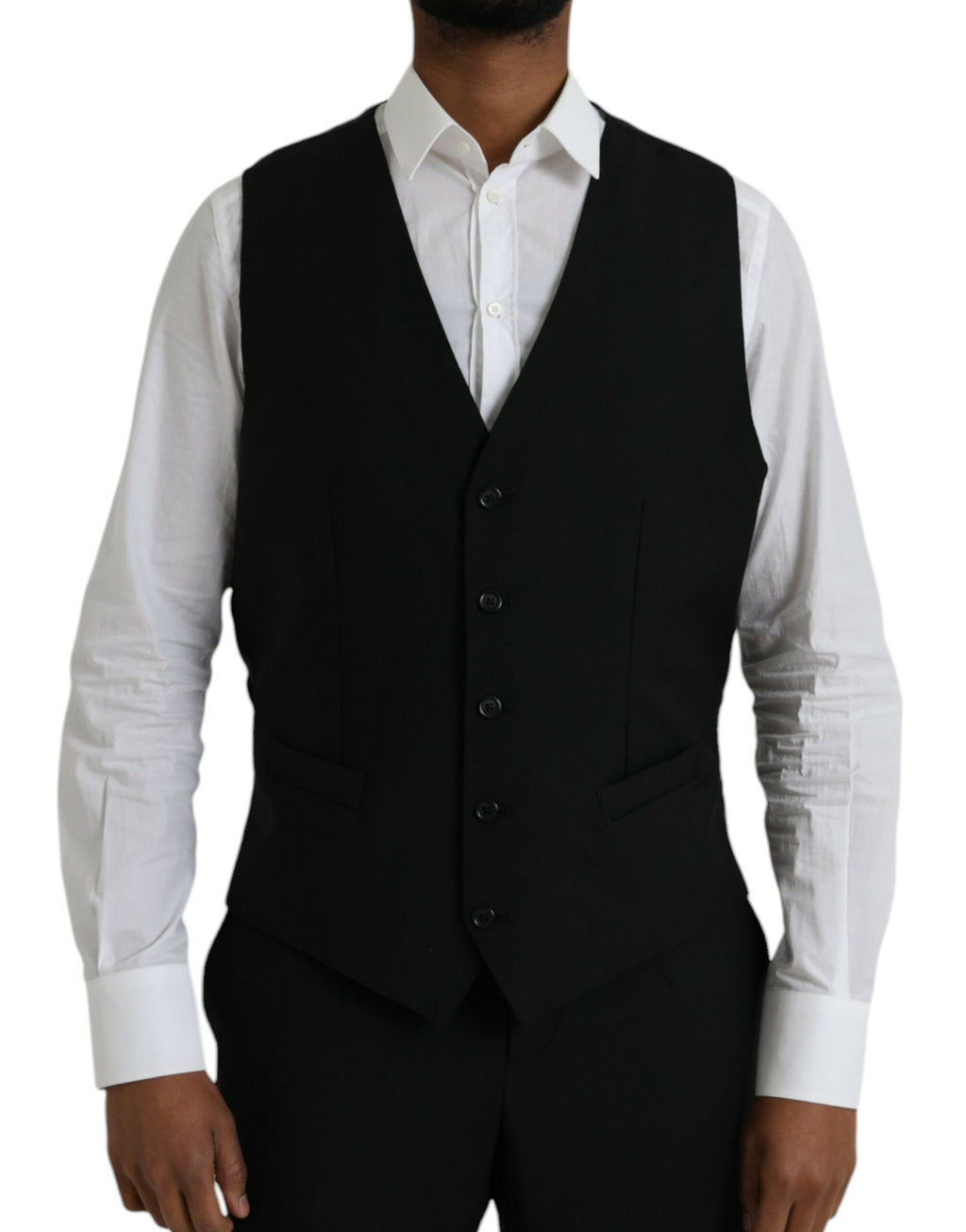 Costume trois pièces noir en polyester Dolce & Gabbana, costume formel pour homme avec veste, pantalon et gilet.