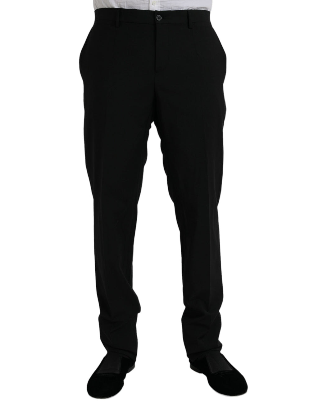 Costume trois pièces noir en polyester Dolce & Gabbana, veste, pantalon et gilet pour homme élégant.