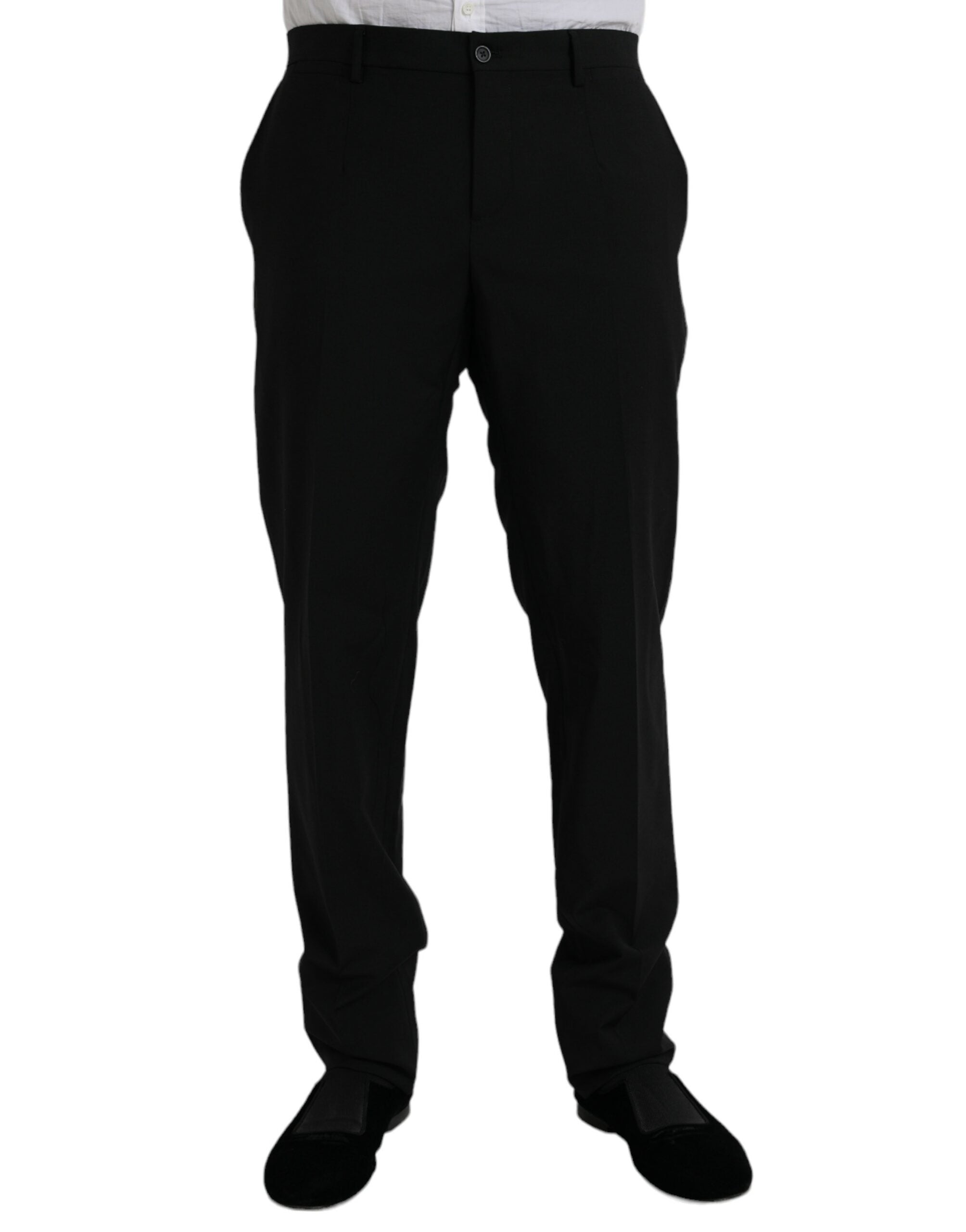 Costume trois pièces noir en polyester Dolce & Gabbana, veste, pantalon et gilet pour homme élégant.