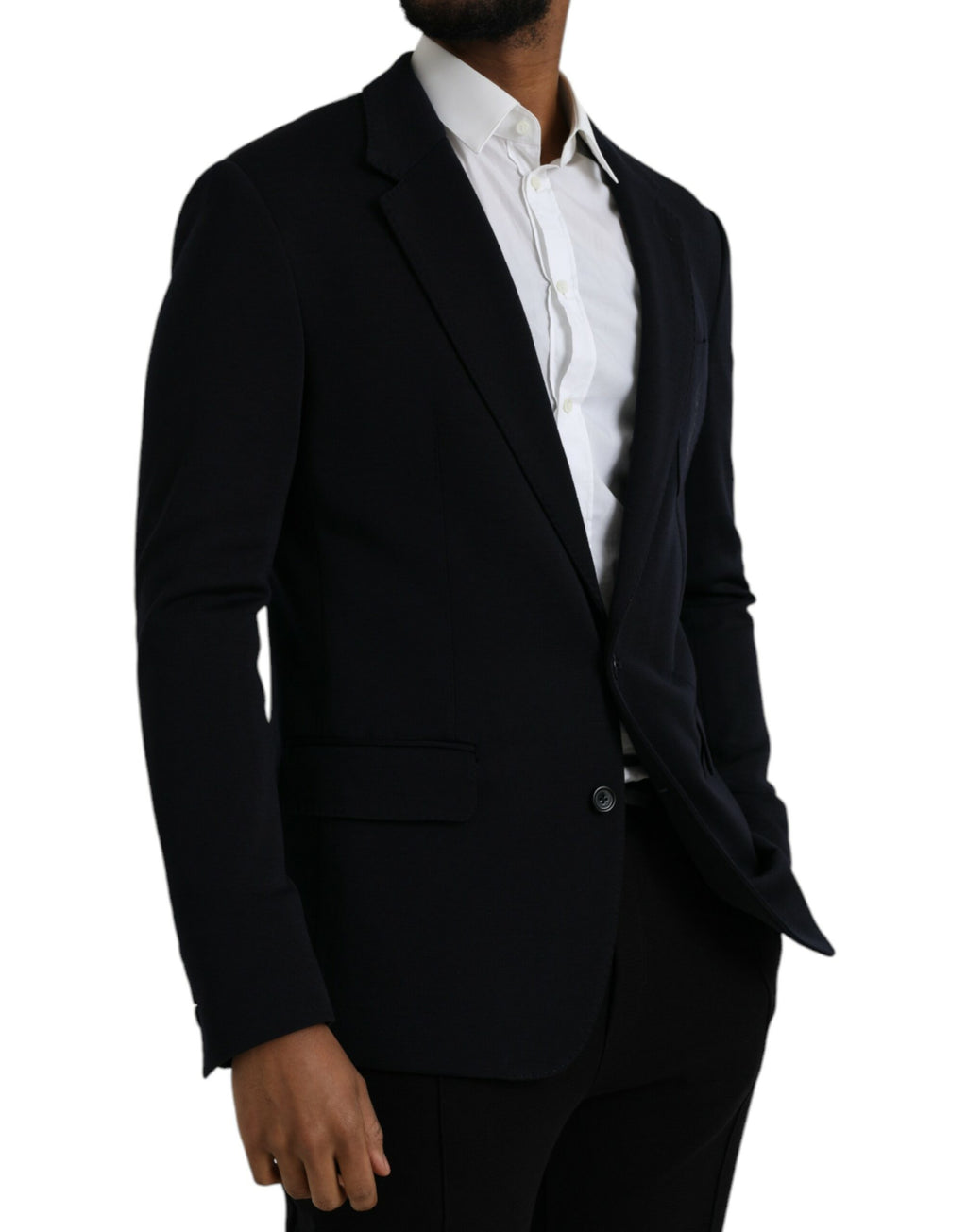 Manteau blazer en laine noire Dolce & Gabbana à coupe simple et boutonnage devant, image montrant la texture et le col.