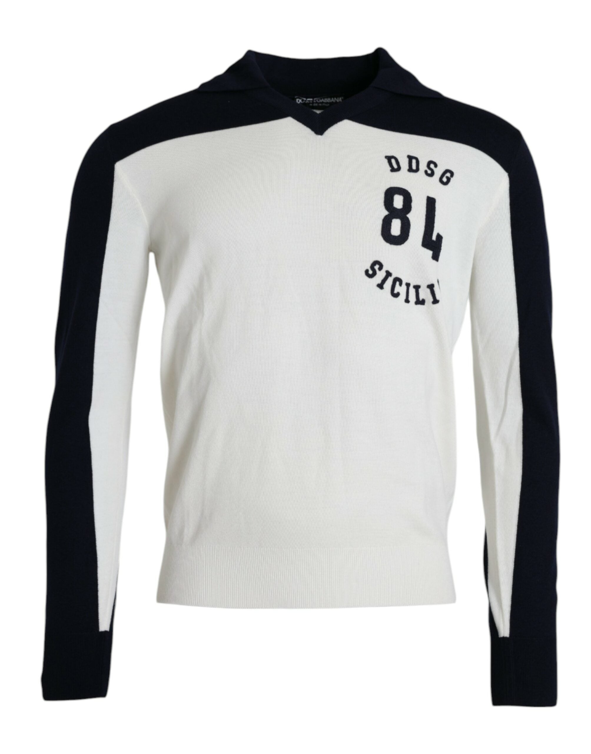Pull-over blanc et noir Dolce & Gabbana Sicilia Henley, pull à col boutonné et manches longues pour homme.