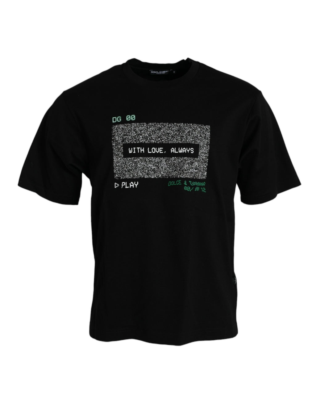 T-shirt à col rond noir Dolce & Gabbana avec motif "With Love Always" visible sur le devant.