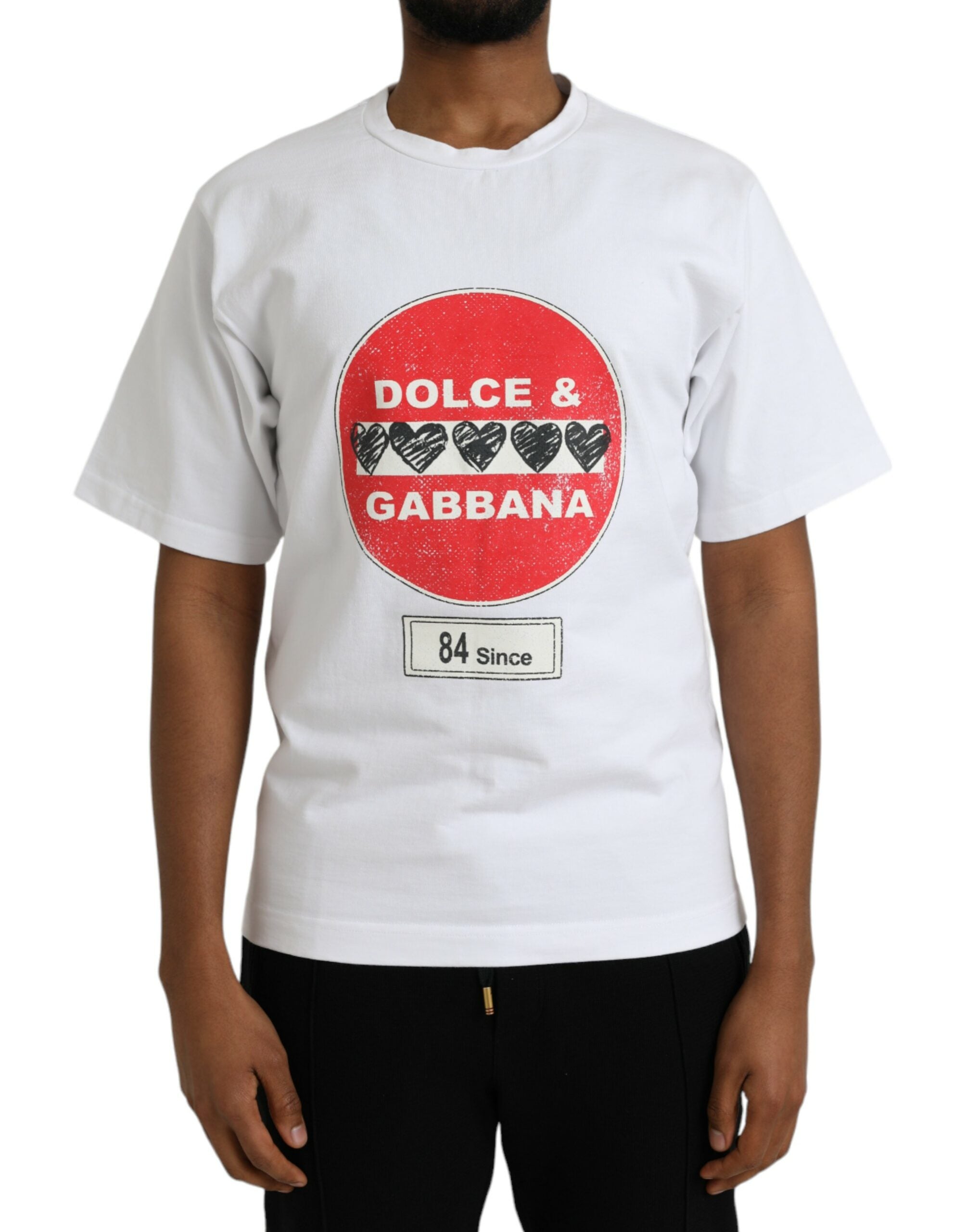 T-shirt blanc Dolce & Gabbana Amor avec cœur en coton à manches courtes et col rond, motif graphique élégant.