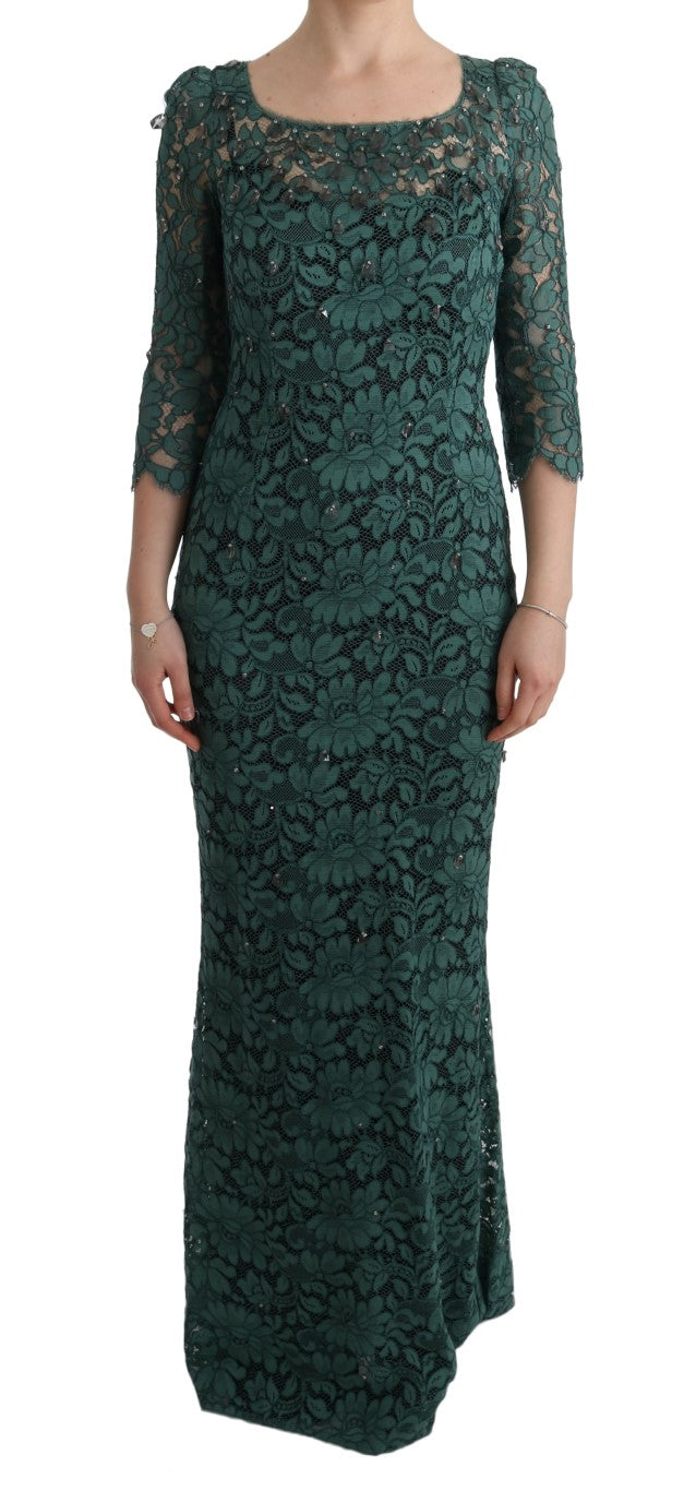 Robe droite Dolce & Gabbana verte à fleurs, ornée de cristaux et broderies florales, pour une allure élégante et sophistiquée.