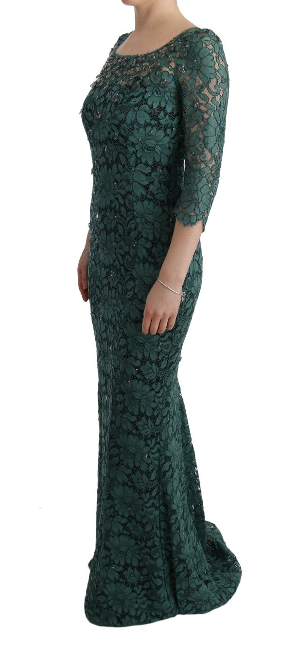 Robe droite Dolce & Gabbana verte à fleurs en cristal et ricamo, élégante et sophistiquée, vue de face.