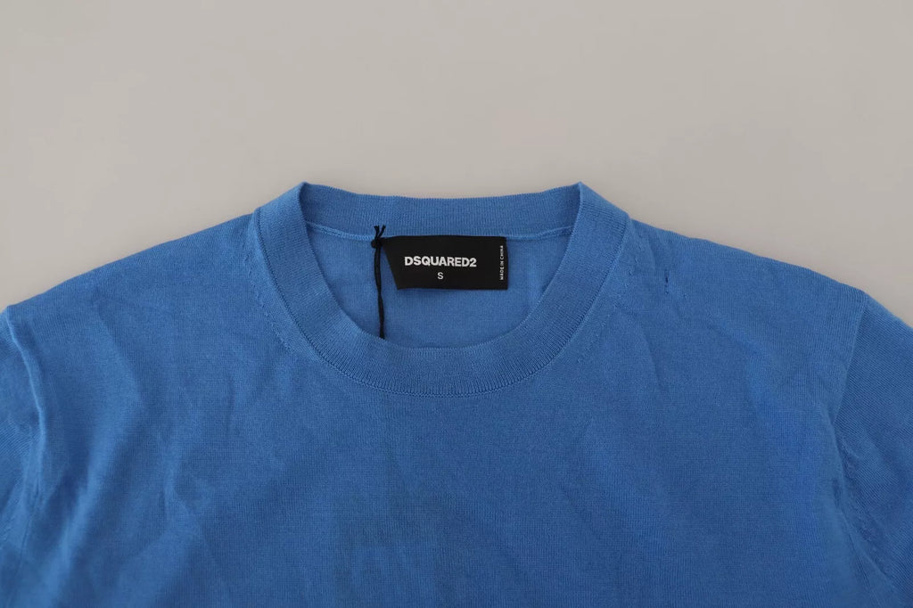 Pull à manches longues en laine bleue de Dsquared², col rond et coupe classique, visible sur l'image.