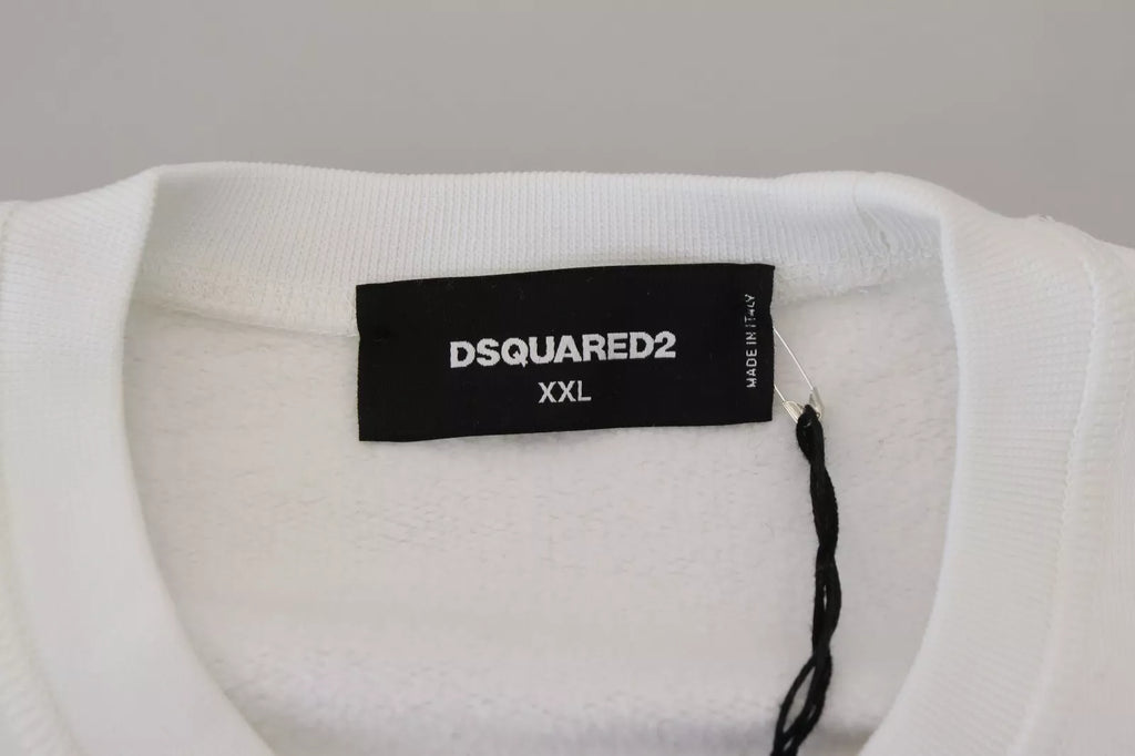 Sweat-shirt blanc à col rond en coton avec broderie Dsquared², pull décontracté avec logo brodé, vue de face.