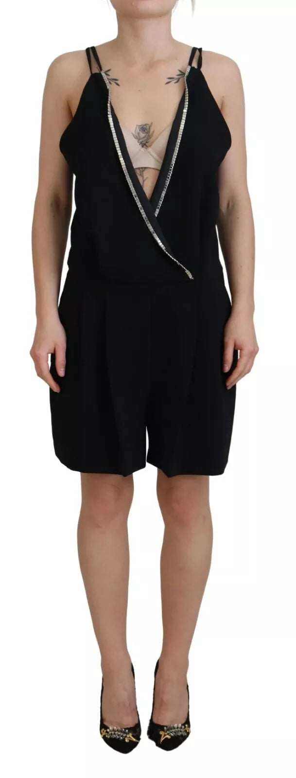 Combinaison sans manches noire Dsquared² avec décolleté en V et embellissements élégants, ajustée à la taille, vue de face.