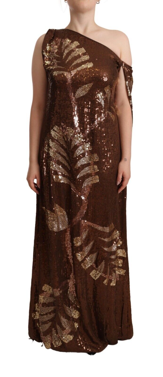 Robe longue à une épaule en sequins à motif de feuilles brunes, de la marque Dsquared².