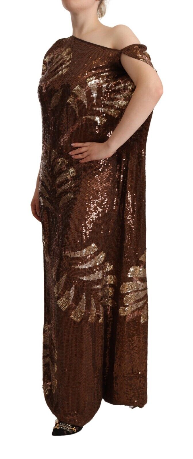 Robe longue à une épaule Dsquared² avec sequins en forme de feuilles brunes, style chic et élégant.