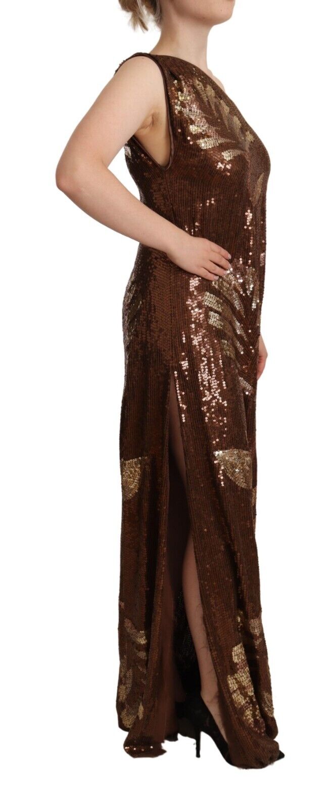 Robe longue à une épaule en sequins feuilles marron de Dsquared², style élégant et sophistiqué.
