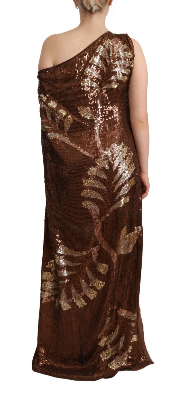 Robe longue à épaules dénudées Dsquared² avec sequins en forme de feuilles marron, style élégant et brillant