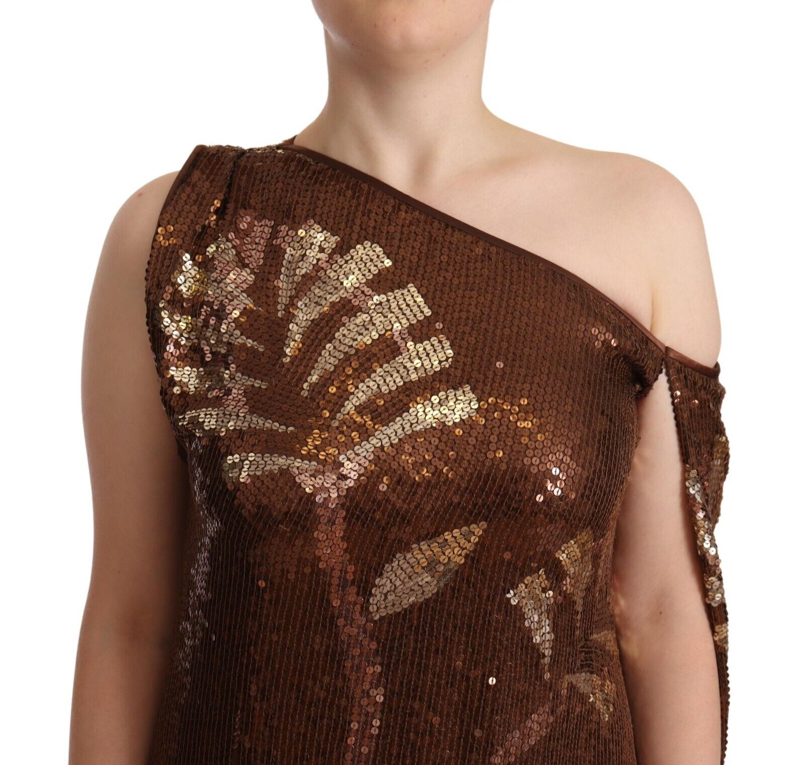 Robe longue à une épaule de couleur marron avec sequins en motif de feuilles, de la marque Dsquared².
