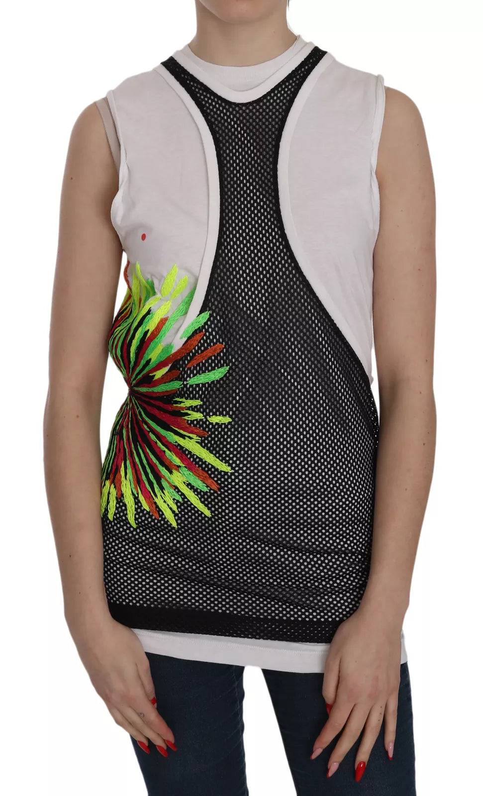 Chemise sans manches en coton noir et blanc de Dsquared² avec col rond, vue de face.