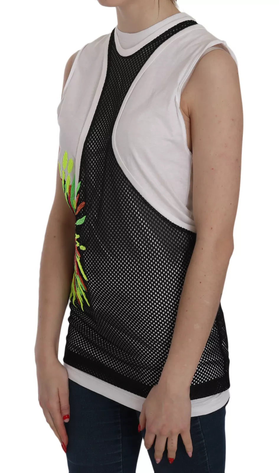 Blouse sans manches en coton blanc et noir de Dsquared², col rasé, design moderne et élégant visible sur l’image.