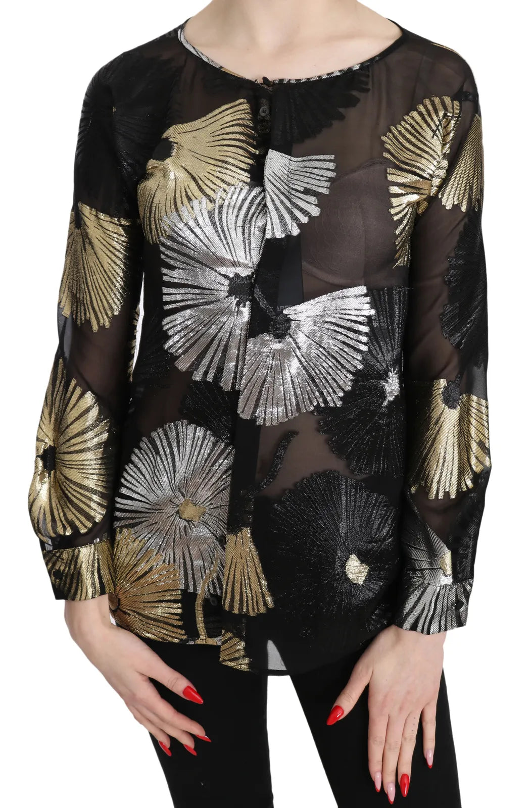 Chemisier en soie jacquard transparent Dsquared² en or et argent, avec détails élégants et finition délicate.