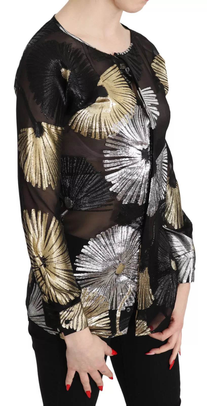 Chemise en soie jacquard transparente Dsquared² or et argent, élégante blouse à motifs sophistiqués.