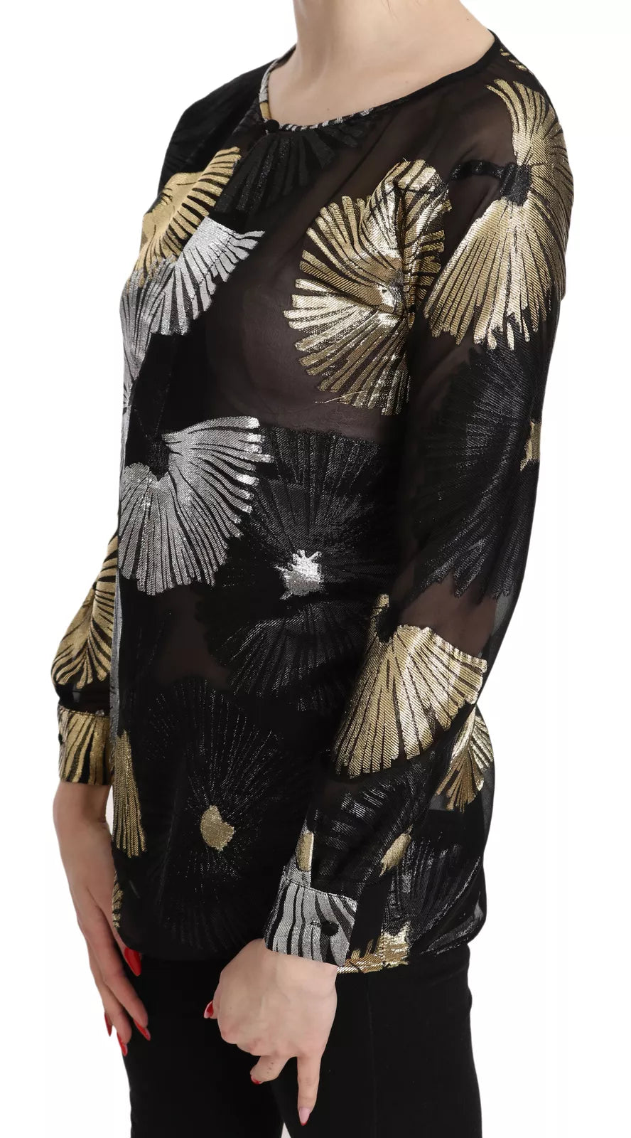 Blouse transparente en jacquard en soie or et argent de Dsquared², style élégant et sophistiqué, vue de face.