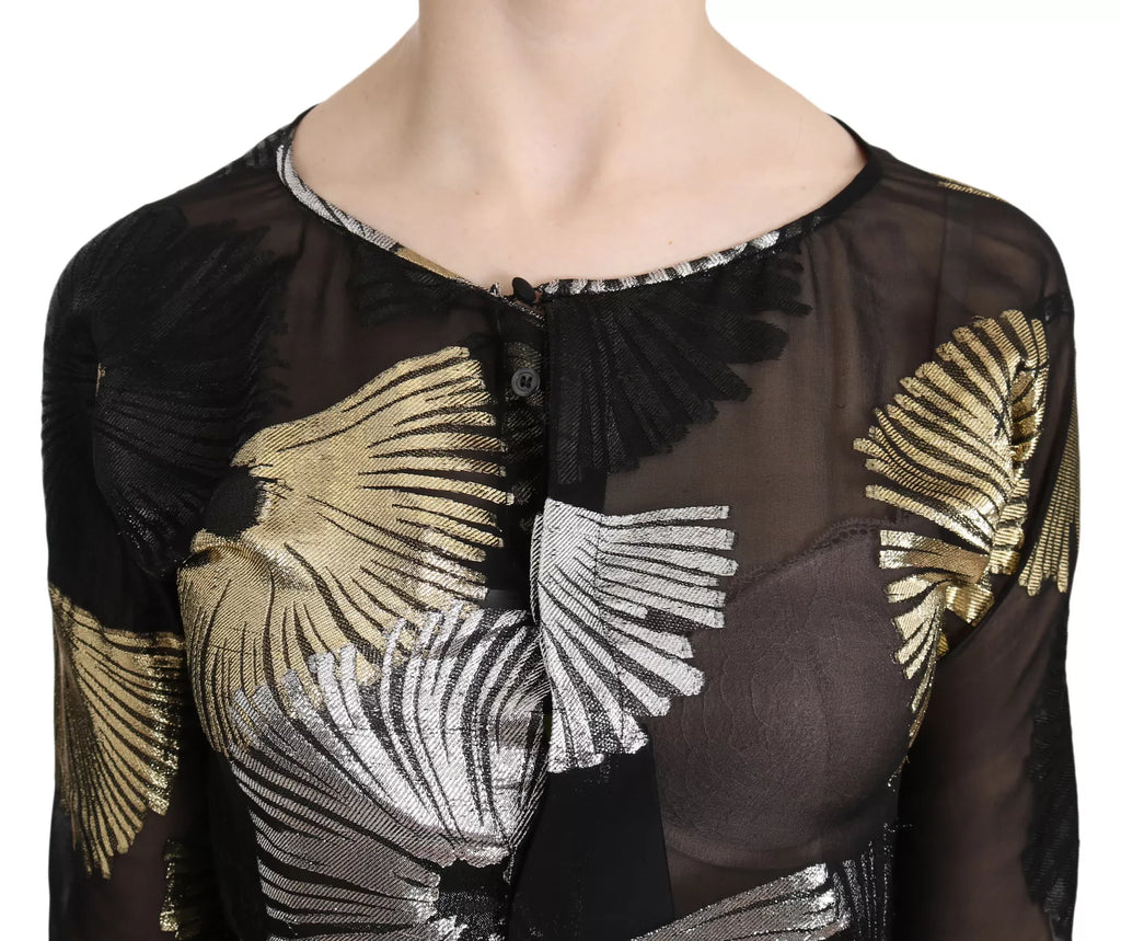 Chemisier en soie jacquard transparent Dsquared² or et argent, élégant et léger, avec détails sophistiqués visibles sur l'image.