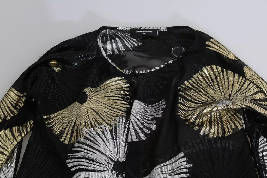 Chemise en soie jacquard transparent Dsquared² dorée et argentée, élégante blouse chic avec motifs brillants.