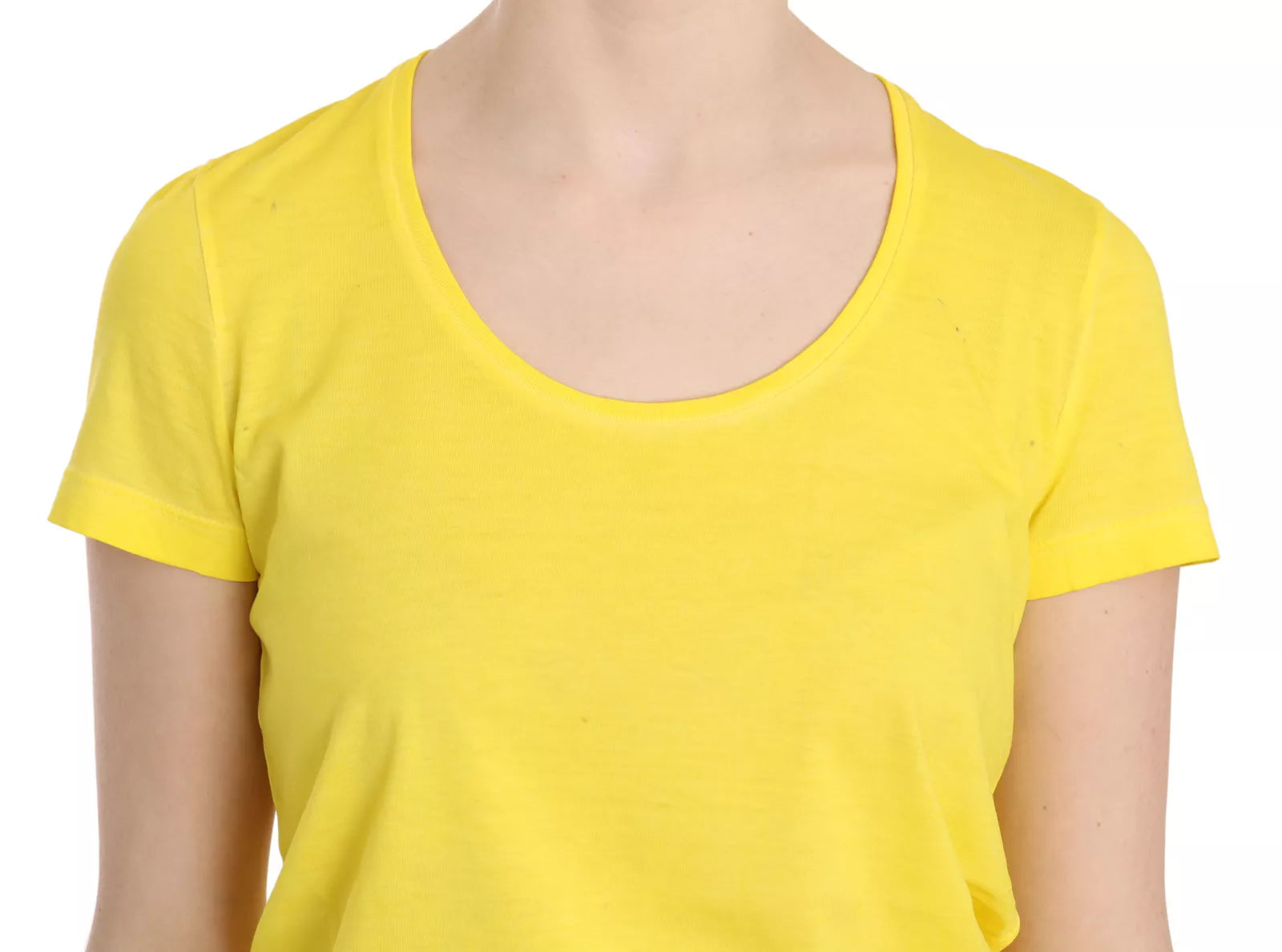 Chemise à manches courtes jaune Dsquared² avec col rond, vue de face, en tissu léger pour femme.