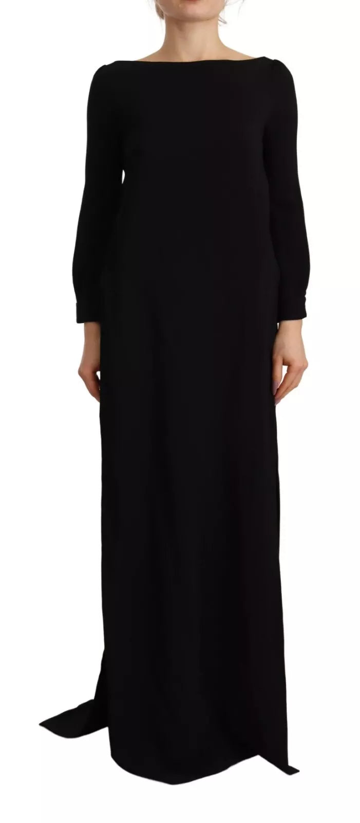Robe longue noire à manches longues avec fente sur le côté, style élégant, signée Dsquared², visible en image.