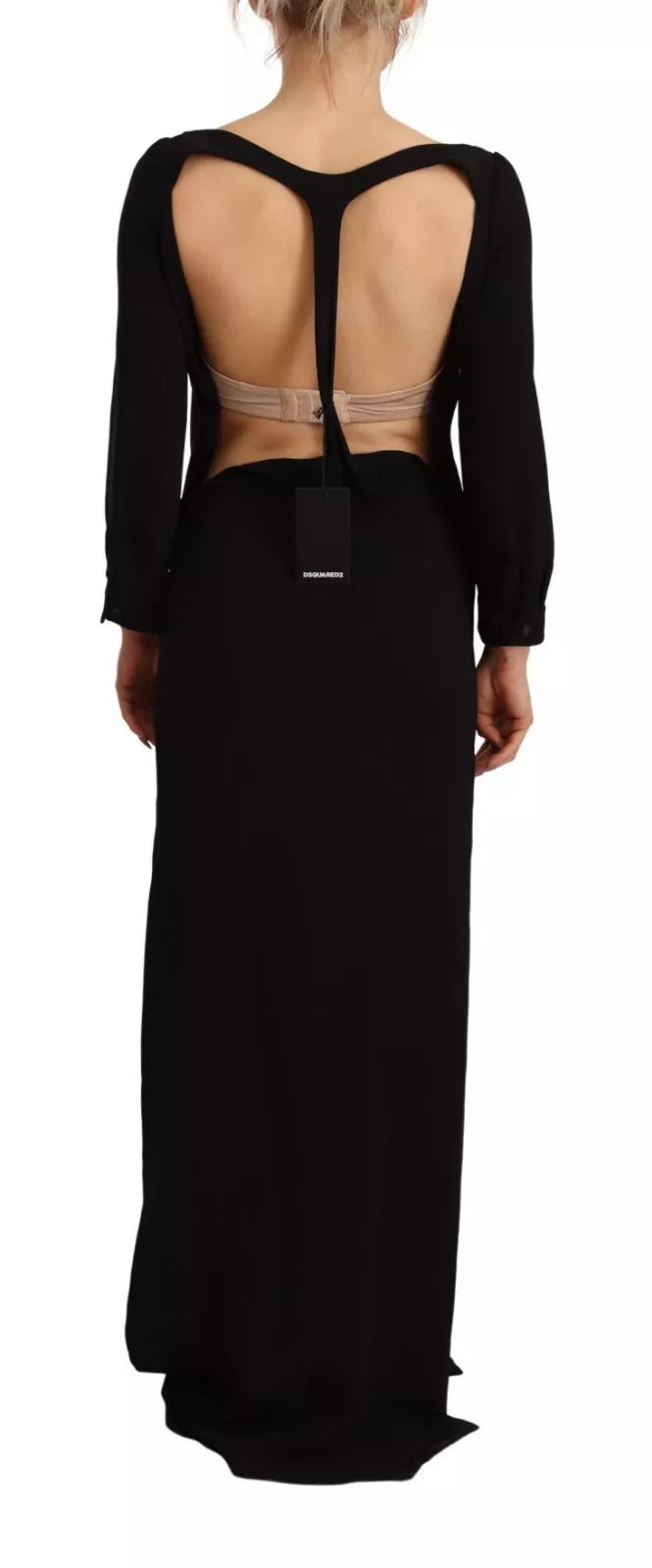 Robe longue noire à manches longues avec fente sur le côté, par Dsquared², vêtement élégant et sophistiqué.