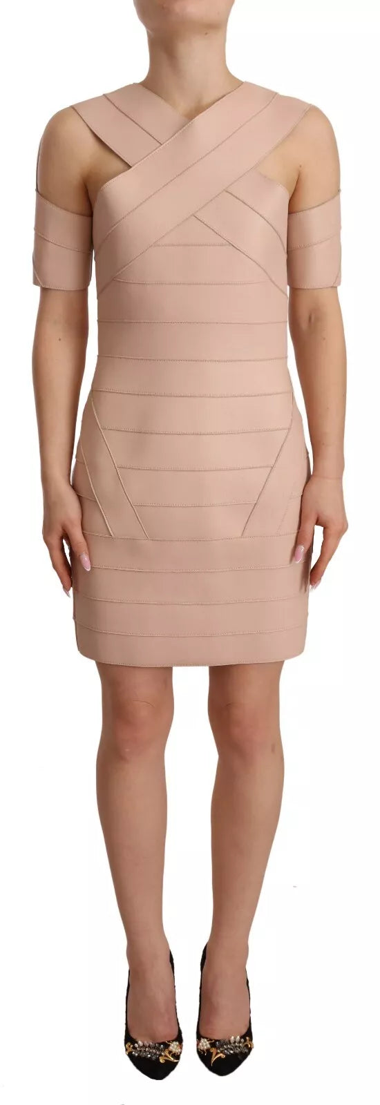 Robe courte beige en cuir avec épaules ouvertes de Dsquared², élégant style mini robe sophistiquée et moderne.